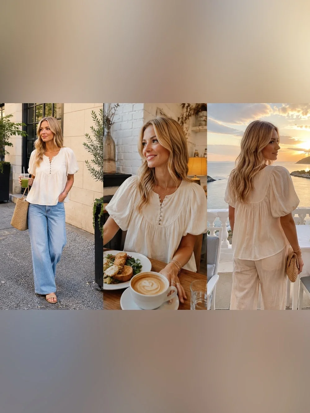 Anthropologie Cream Puff-Sleeve Button Front Blouse Size Small Oversized